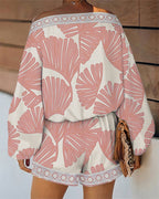 Women's Tropical Leaf Print 2 Piece Set Skew Neck Lantern Sleeve Top and Elastic Waist Shorts with Pockets & Lace