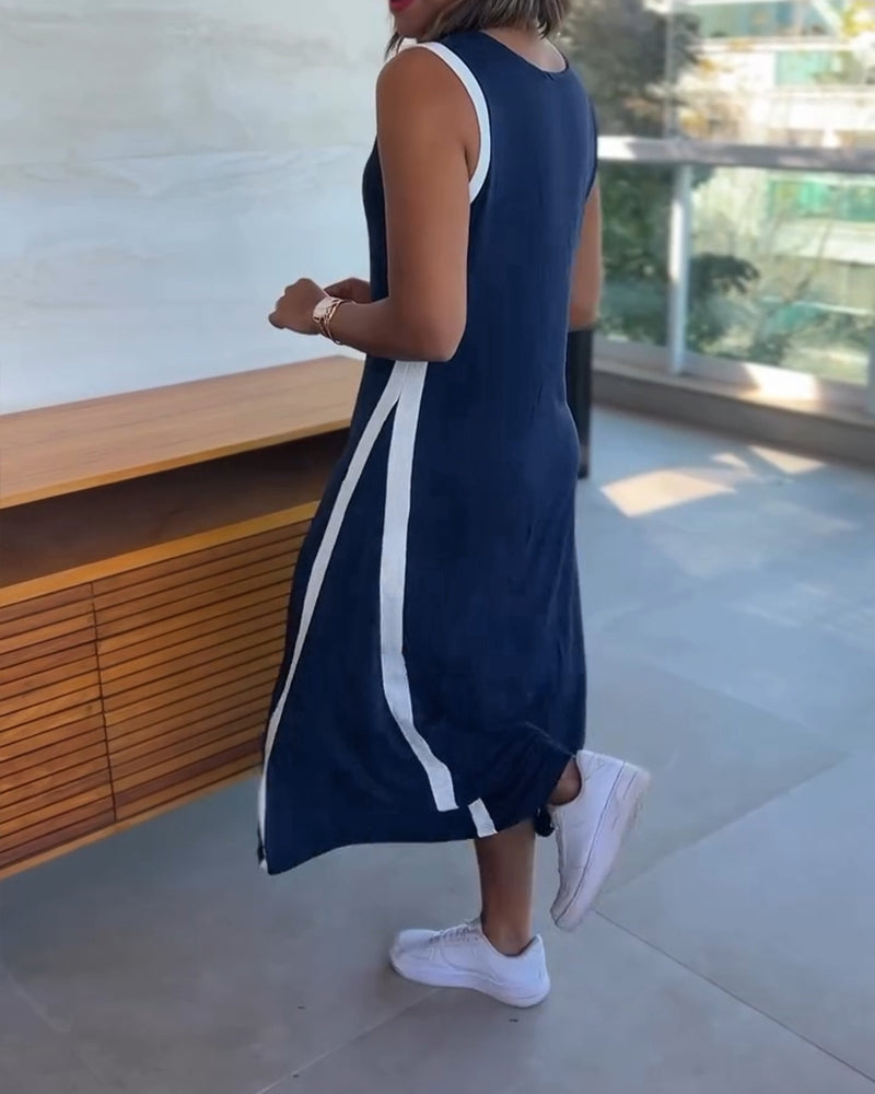 Colorblock Spliced Deep V-Neck Sleeveless Slit Front Dress Casual Loose Fit A Line Dress