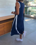 Colorblock Spliced Deep V-Neck Sleeveless Slit Front Dress Casual Loose Fit A Line Dress