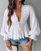 Butterfly Pattern Decor Deep V Neck Long Sleeve Blouse Casual Tie Front Flared Cuffs Lace Trim A-Line Hem Top