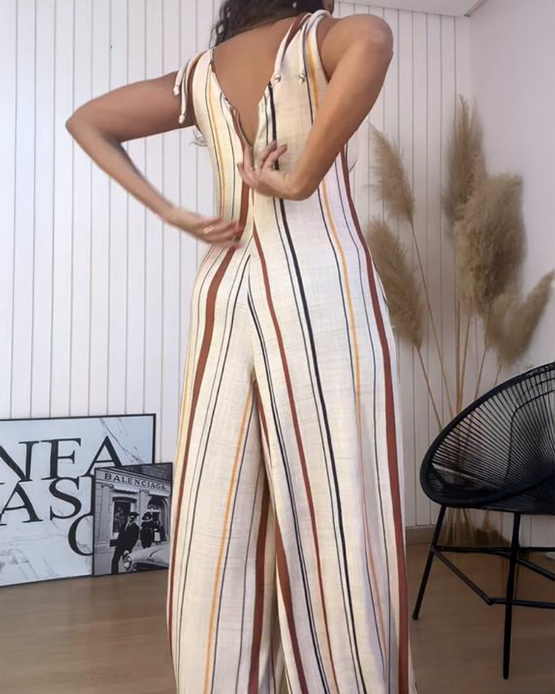 Striped V Neck Sleeveless Zipper Back Overalls Casual Shoulder Tied Wide Leg Jumpsuit With Pockets
