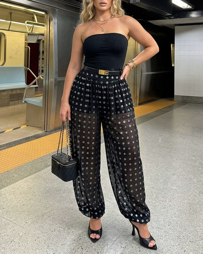 CHICME Women's Polka Dot Sheer Lantern Pants High Waist Loose Fit Harem Pants Vintage See-Through Trousers with Lining