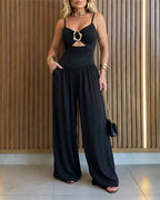 Women's Gold Ring Hollow Out Wide Leg Jumpsuit Backless Adjustable Strap Romper Elegant Party Jumpsuit