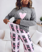 2 Pieces Outfit Good Night Slogan Print Long Sleeve Top and Plaid Print Elastic Waist Pants Set Casual Heart Print Pajamas Set