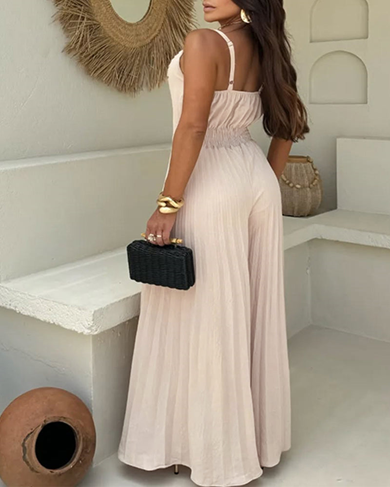 Pleated Design V Neck Adjustable Spaghetti Straps Cinched Waist Overalls Casual Pleated Flared Jumpsuit