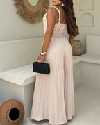 Pleated Design V Neck Adjustable Spaghetti Straps Cinched Waist Overalls Casual Pleated Flared Jumpsuit