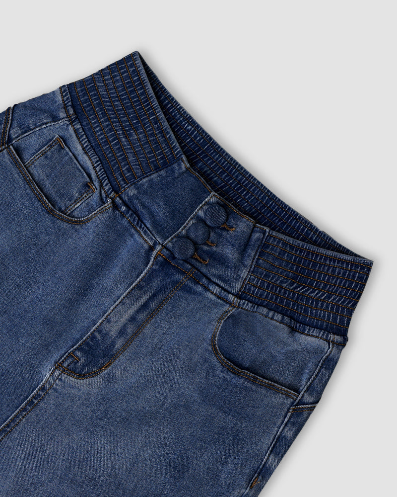 ChicMe CurveEase Back Shirred Button Front High Waist Jeans Skinny Flared Denim Jeggings
