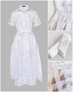 Turn-down Collar Plaid Mesh Double-Layered Cinched Waist Maxi Dress Button Down Bow Tie Waist Commuting Dress