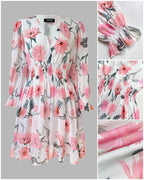 Floral Print Overlap Deep V-Neck Half Sleeve Shirred Waist A Line Dress Casual Flared Cuffs Ruffle Hem Chiffon Dress