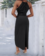 Adjustable Halter Hollow-out Back Ruched Front Slit Dress Guipure Lace Yoke Eyelet Embroidery Vacation Dress