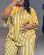 Women's Striped 2 Piece Outfits V Neck Short Sleeve Drawstring Top and Wide Leg Pants Set with Pockets