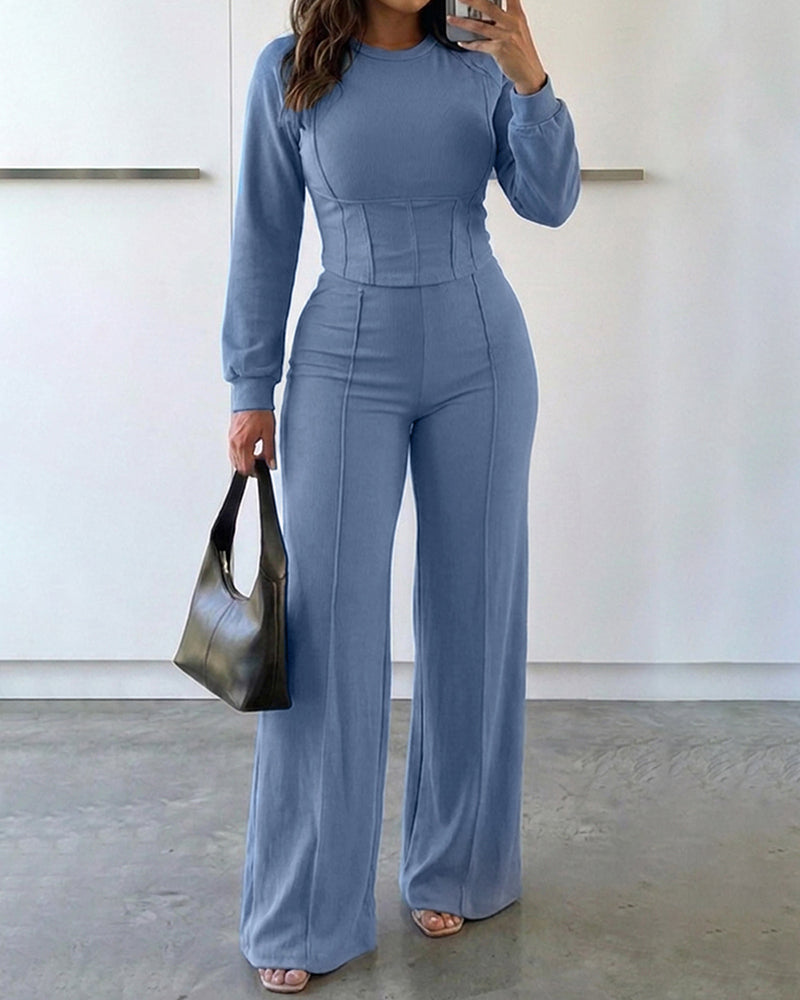 2 Pieces Outfit O-neck Long Sleeve Cinched Waist Sweatshirt and Elastic Waist Wide Leg Pants Set Casual Seam Design Sweatpants Set