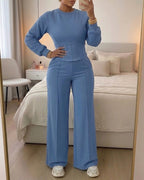 2 Pieces Outfit O-neck Long Sleeve Cinched Waist Sweatshirt and Elastic Waist Wide Leg Pants Set Casual Seam Design Sweatpants Set