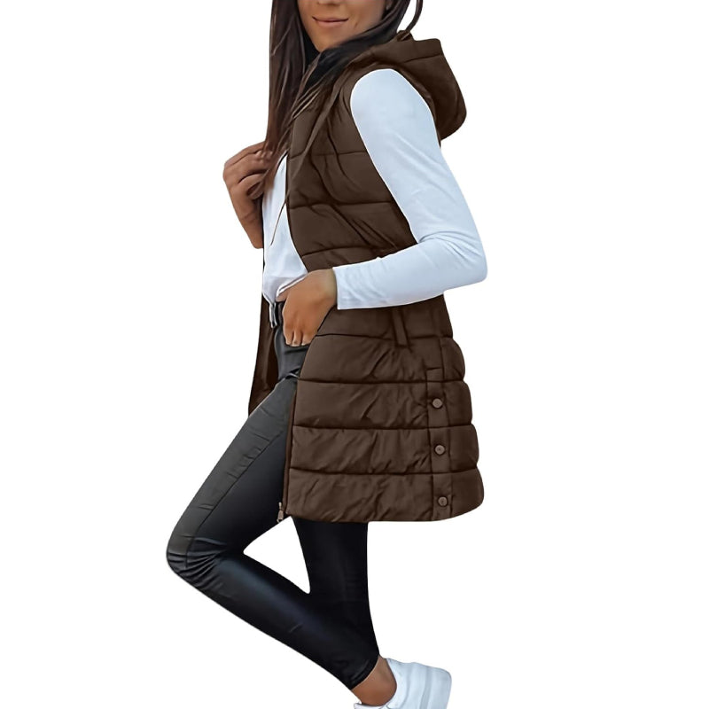 Women Solid Color Sleeveless Hooded Long Puffer Vest