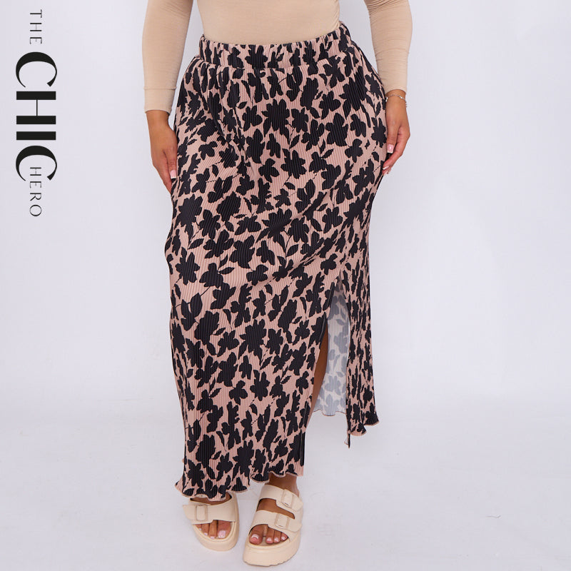 Red Leaves Print Monochrome Ripple Pleated Skirt
