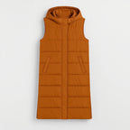 Women's Long Puffer Vest with Quilted Hood & Button Down Closure