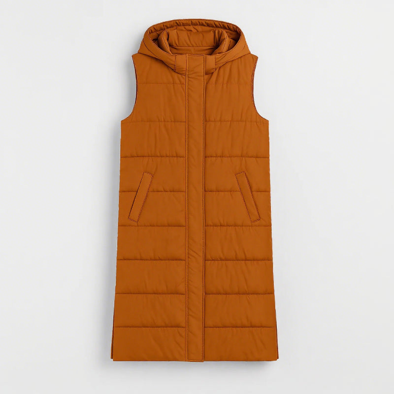 Women's Long Puffer Vest with Quilted Hood & Button Down Closure