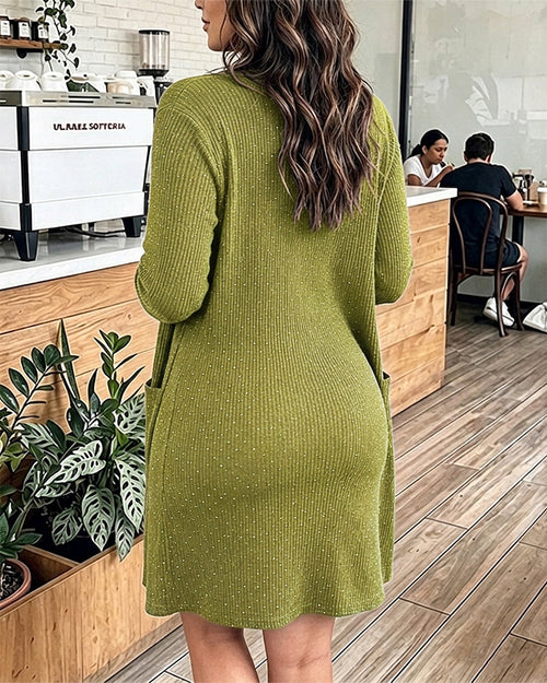 2 Pieces Outfit U-Neck Half Button Front Slim Fit Mini Tank Dress and Long Sleeve Pockets Design Cardigan Casual Rhinestone Decor Textured Set