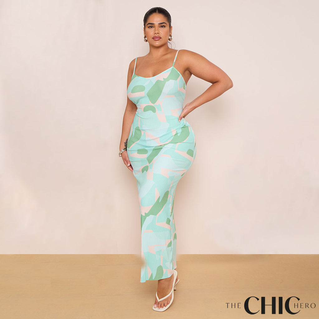 Plus Green Tie-dye Printed Plisse Cowl Neck Bodycon Dress