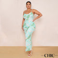 Plus Green Tie-dye Printed Plisse Cowl Neck Bodycon Dress