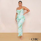 Plus Green Tie-dye Printed Plisse Cowl Neck Bodycon Dress