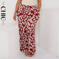 Red Abstract Print Palazzo Pleated Pants With Pockets