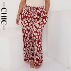 Red Abstract Print Palazzo Pleated Pants With Pockets