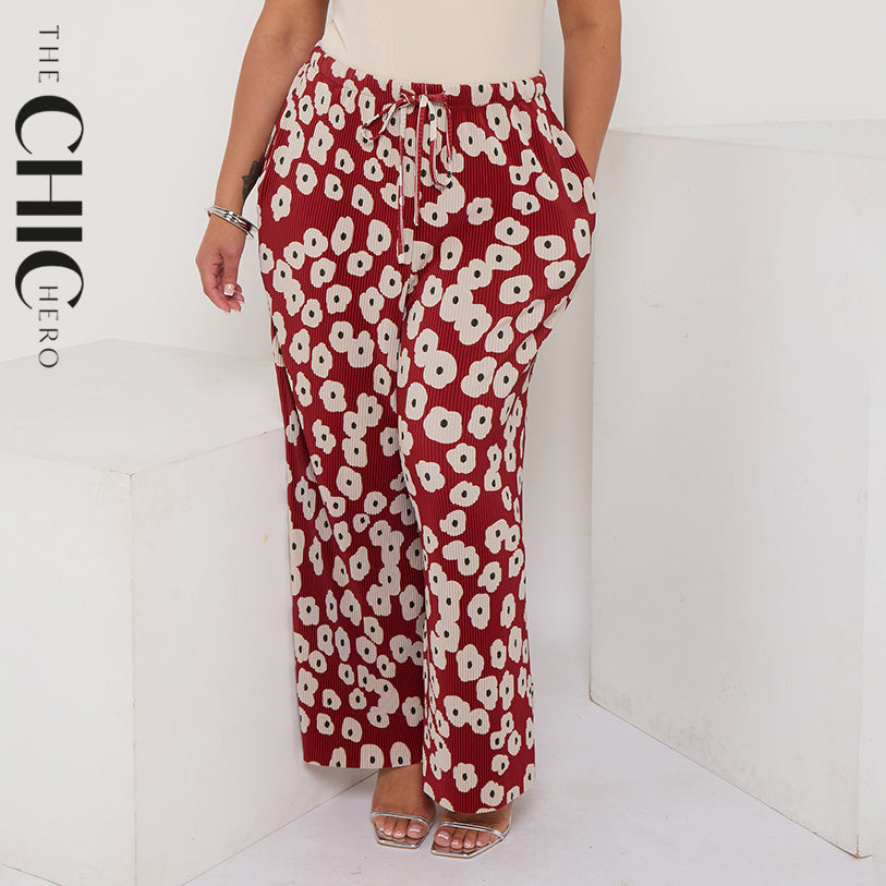 Red Abstract Print Palazzo Pleated Pants With Pockets