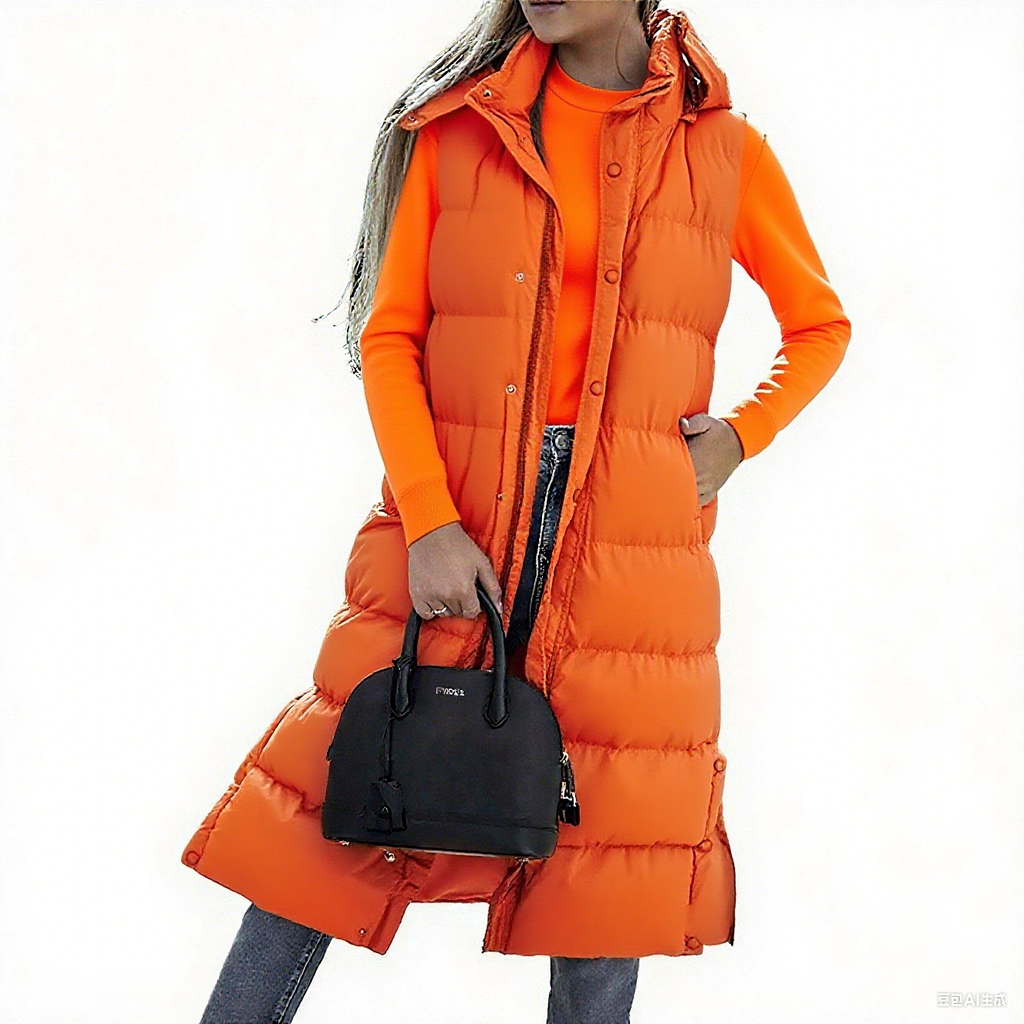 Women's Long Puffer Vest with Quilted Hood & Button Down Closure