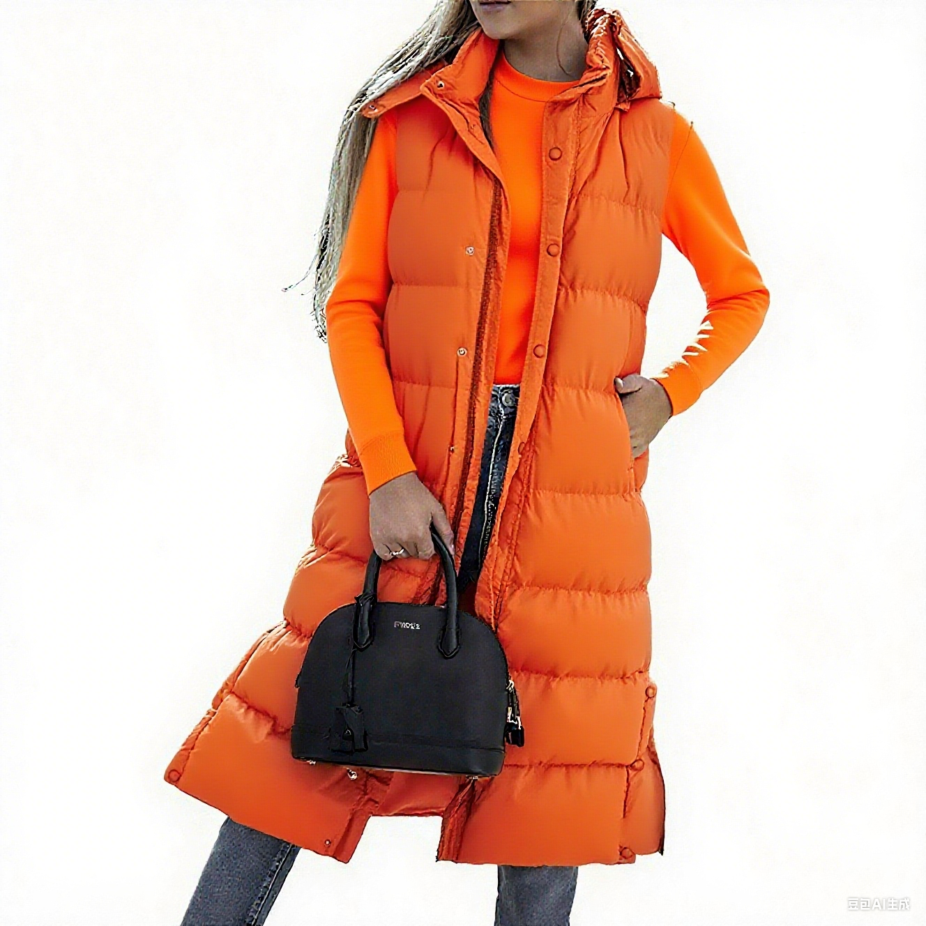 Women's Long Puffer Vest with Quilted Hood & Button Down Closure