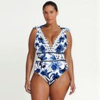 V Neck Lace Up Boho Breeze Blue Floral Swimsuit&Skirt