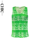 Green Elegant Floral Pot Patterns V-Neck Vest Top & Pleated Pants