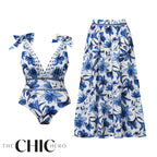 V Neck Lace Up Boho Breeze Blue Floral Swimsuit&Skirt