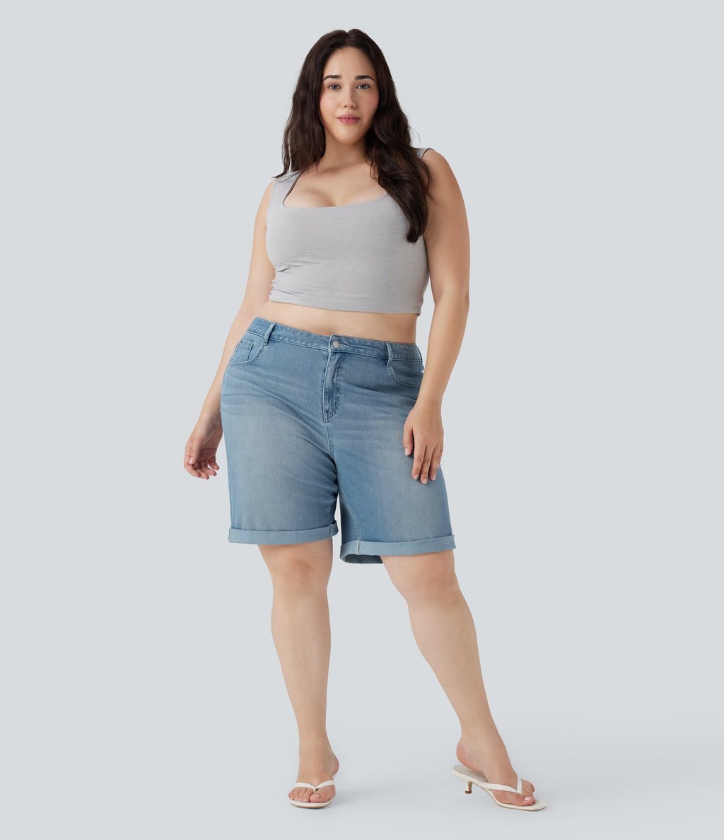 FlexTM High Waisted Multiple Pockets Rolled Hem Washed Stretchy Knit Denim Casual Plus Size Bermuda Shorts