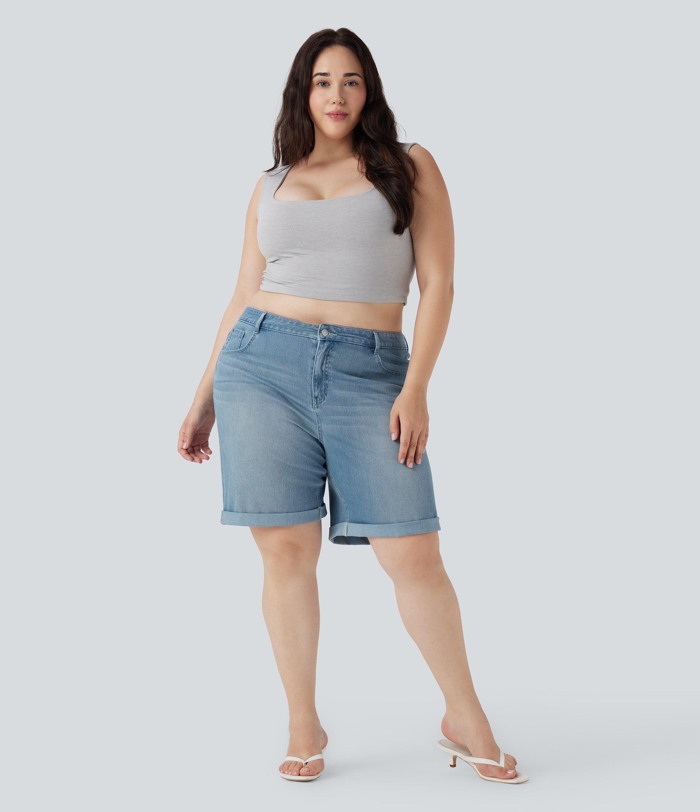 FlexTM High Waisted Multiple Pockets Rolled Hem Washed Stretchy Knit Denim Casual Plus Size Bermuda Shorts
