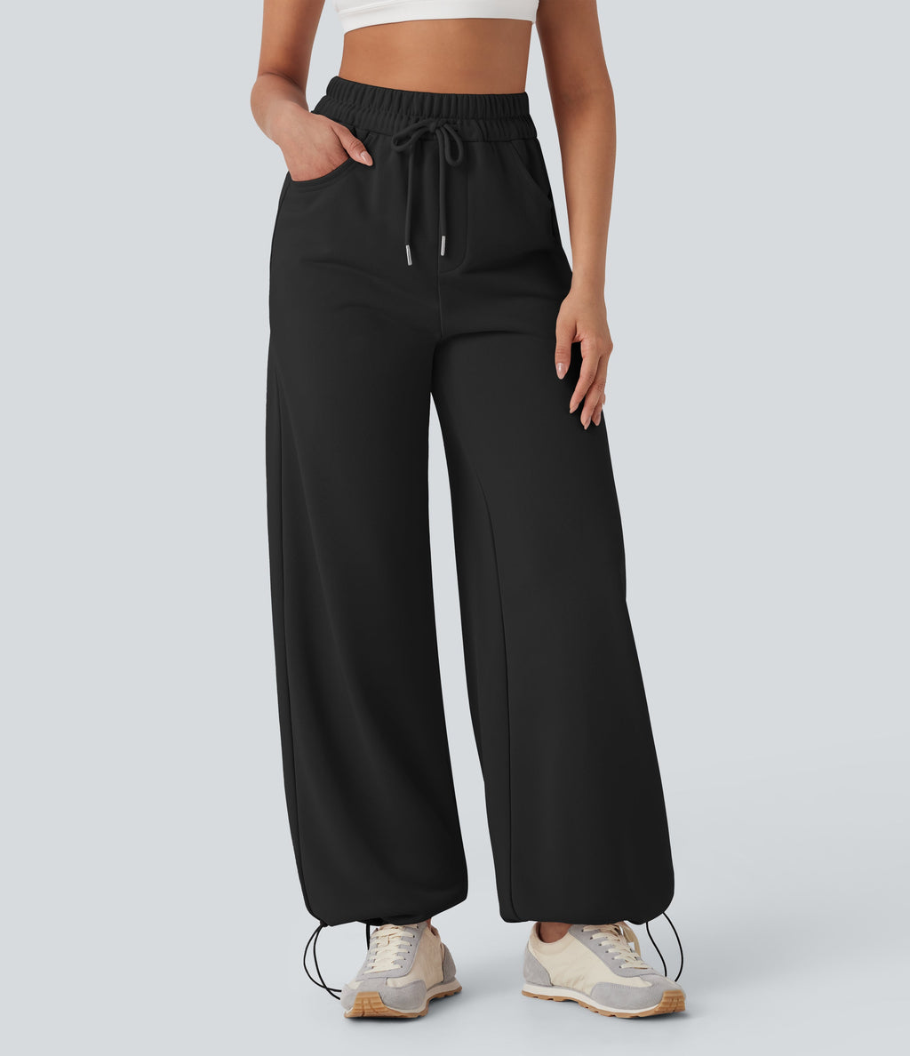 High Waisted Drawstring Cinchable Hem Wide Leg Casual Pants with Pockets
