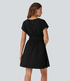BreezefulTM Batwing Short Sleeve Flowy Quick Dry Mini Work Dress with Pockets