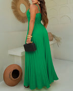Pleated Design V Neck Adjustable Spaghetti Straps Cinched Waist Overalls Casual Pleated Flared Jumpsuit