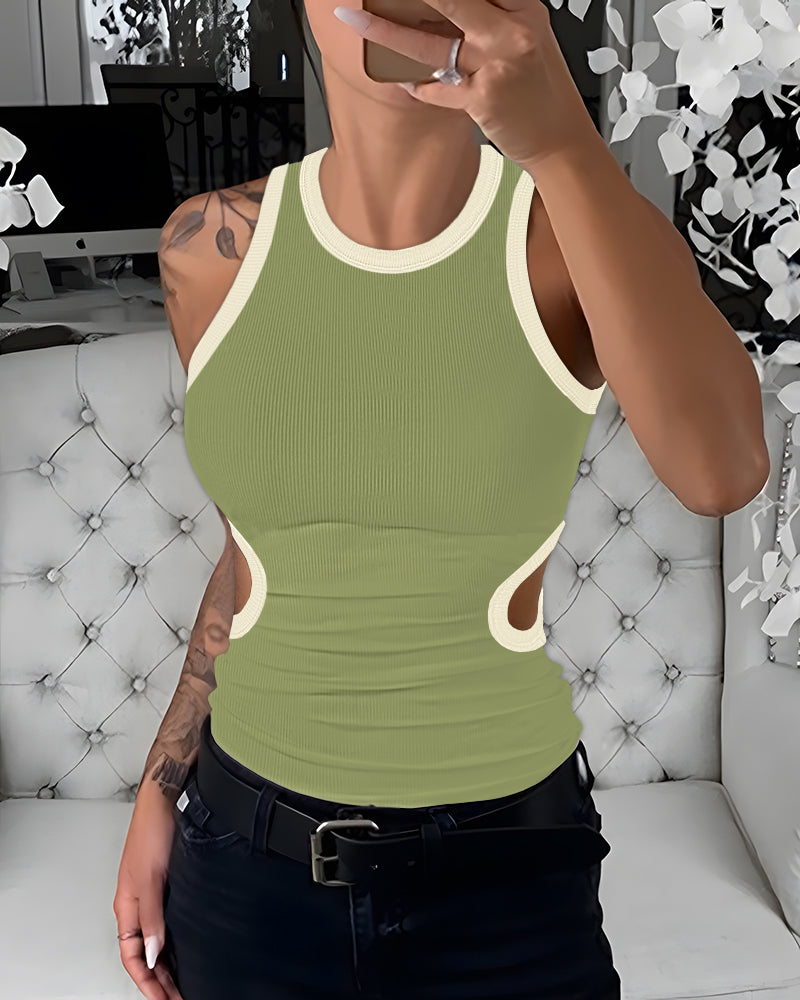 Women's Ribbed Contrast Trim Tank Top Sleeveless Crew Neck Cutout Slim Fit Stretch Casual Top