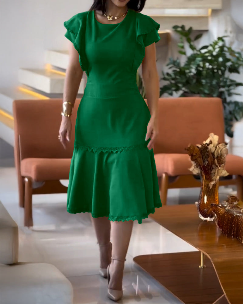 Butterfly Sleeve Hollow-out Back Shirred Dress Casual Cinched Waist Lace Trim Ruffle Hem Commuting Dress