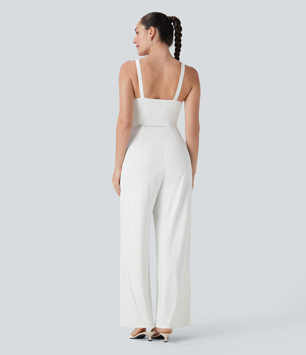 Square Neck Drawstring Jumpsuit with Pockets-Easy Peezy Edition