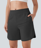 Mid Rise Side Pockets Curved Hem Yoga Bermuda Shorts