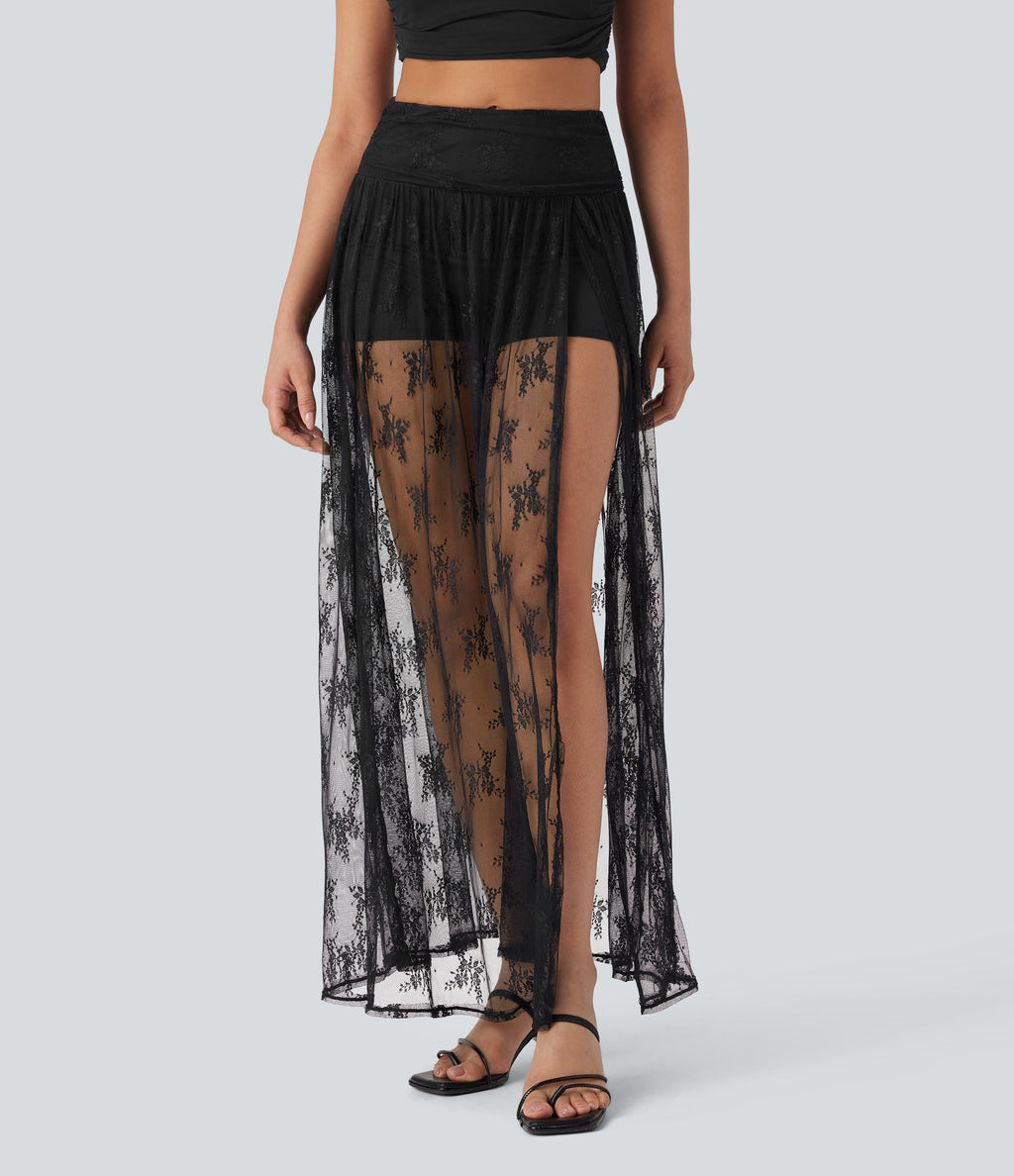 High Waisted 2-in-1 Lace Maxi Casual Skirt with Pocket