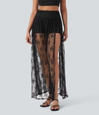 High Waisted 2-in-1 Lace Maxi Casual Skirt with Pocket