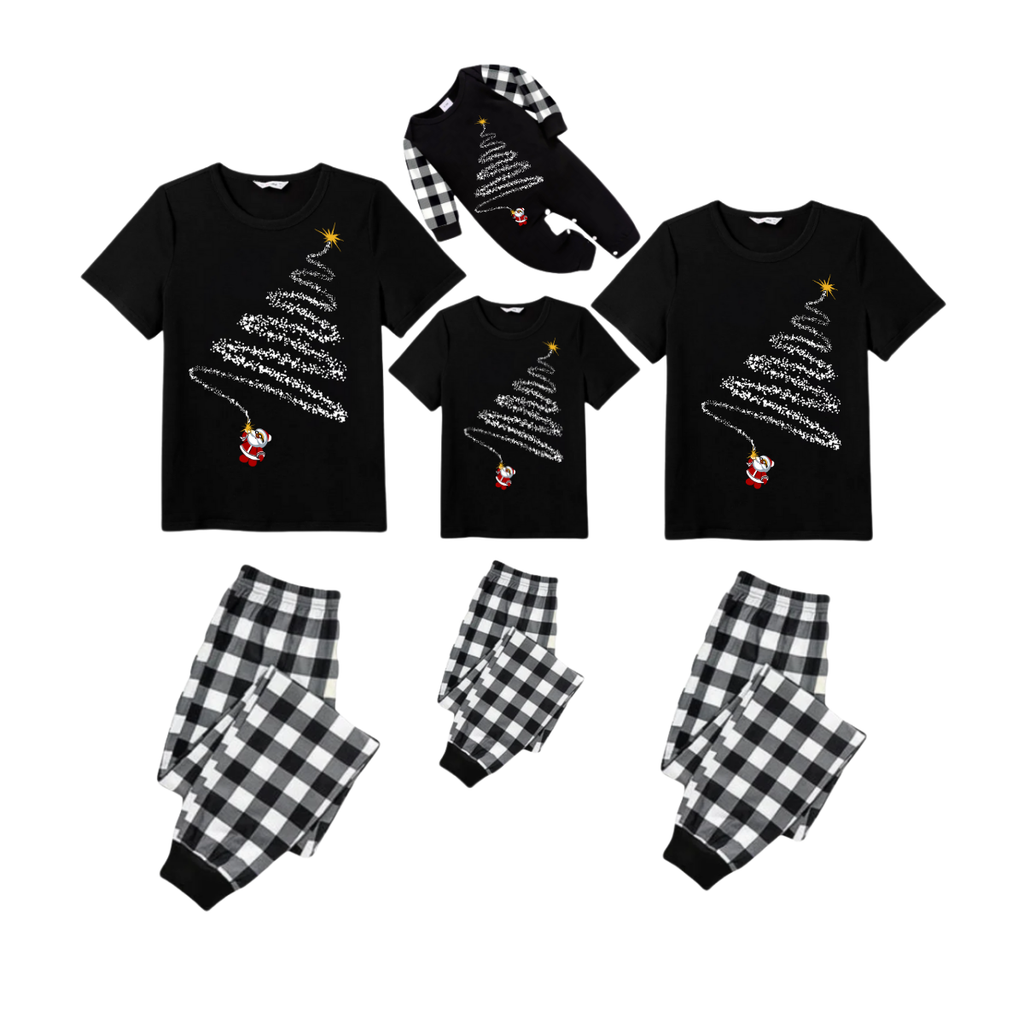 Santa Climbing Christmas Tree Family Pajamas Set - Black Top Black and White Plaid Pants White Tree Graphic