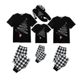 Santa Climbing Christmas Tree Family Pajamas Set - Black Top Black and White Plaid Pants White Tree Graphic