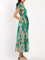 NEW🔥 Ruffle Button Tie Waist Printed Dress- Tax Free