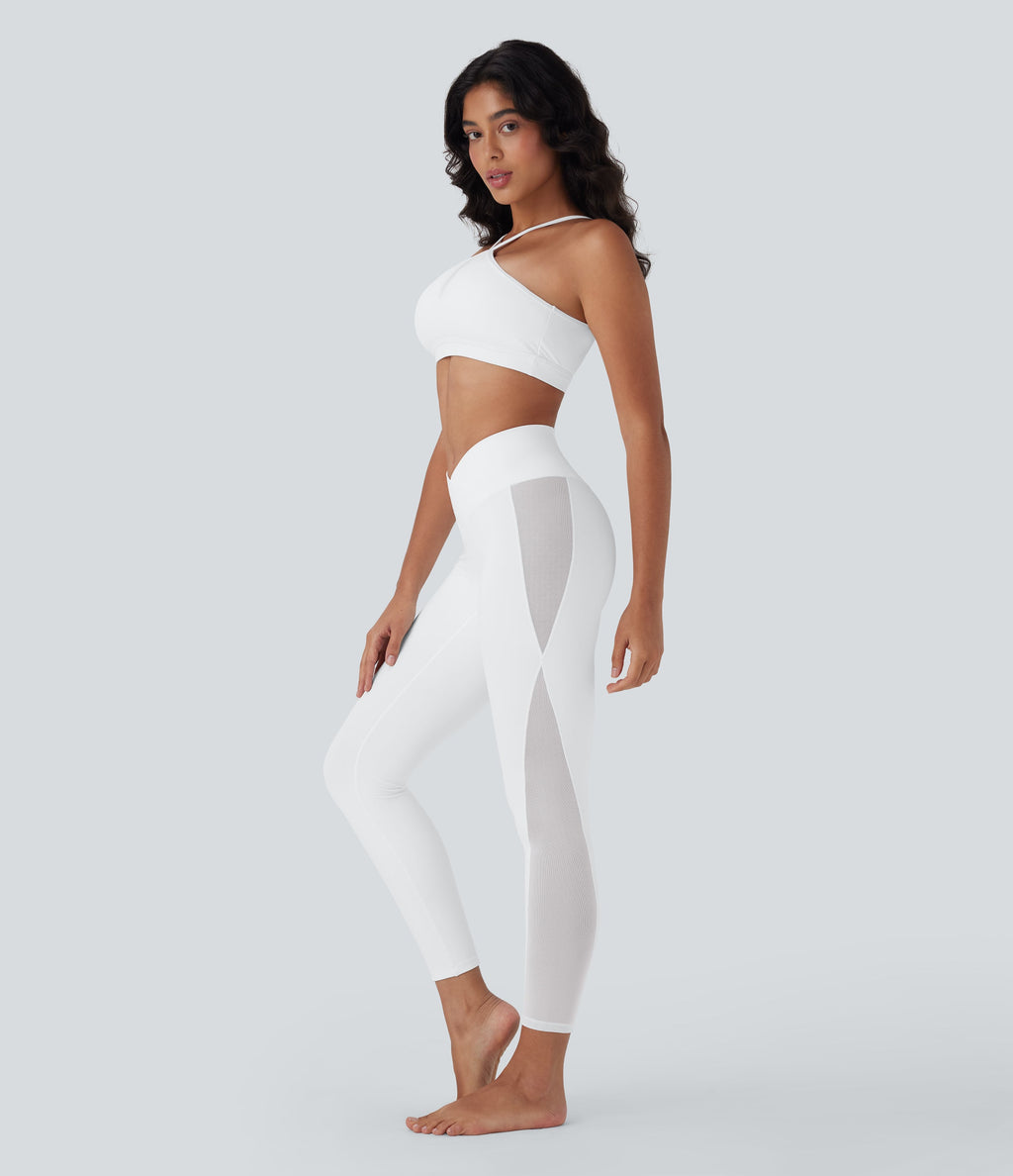 SoftlyZeroTM Crossover High Waisted Contrast Mesh Yoga Leggings with Pocket-UPF50+