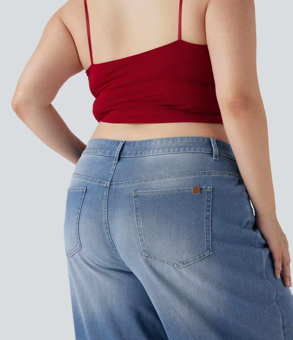 Plus Size FlexTM Low Rise Wide Leg Washed Casual Jeans with Pockets