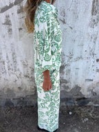 Women's Fashion Two Piece Printed Lapel Button-Down Shirt and Wide-Leg Pants Set